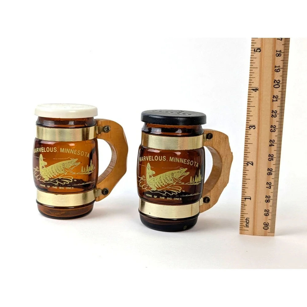 Vintage Minnesota Souvenir Salt Pepper Shakers Amber Glass Barrel Fish Wood Set